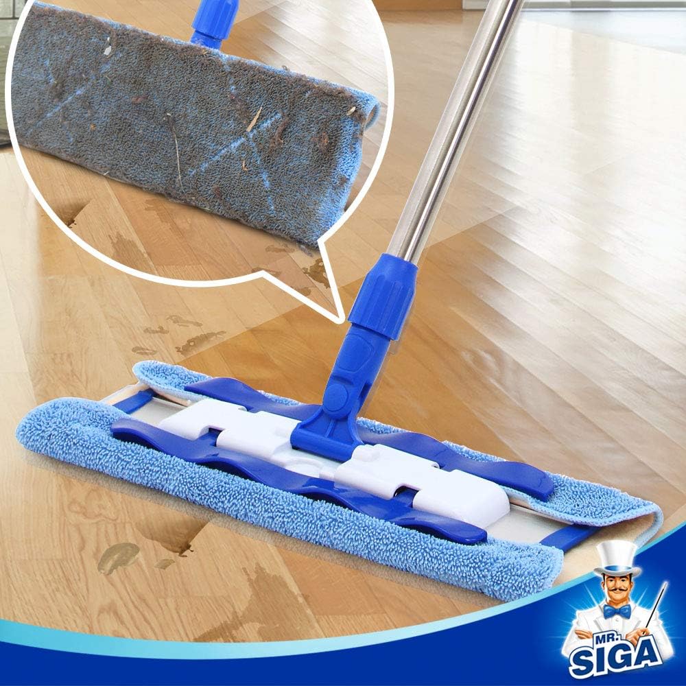MR.SIGA Professional Microfiber Mop for Hardwood, Laminate, Tile Floor Cleaning, Stainless Steel Telescopic Handle - 3 Reusable Flat Mop Refills and 1 Dirt Removal Scrubber Included
