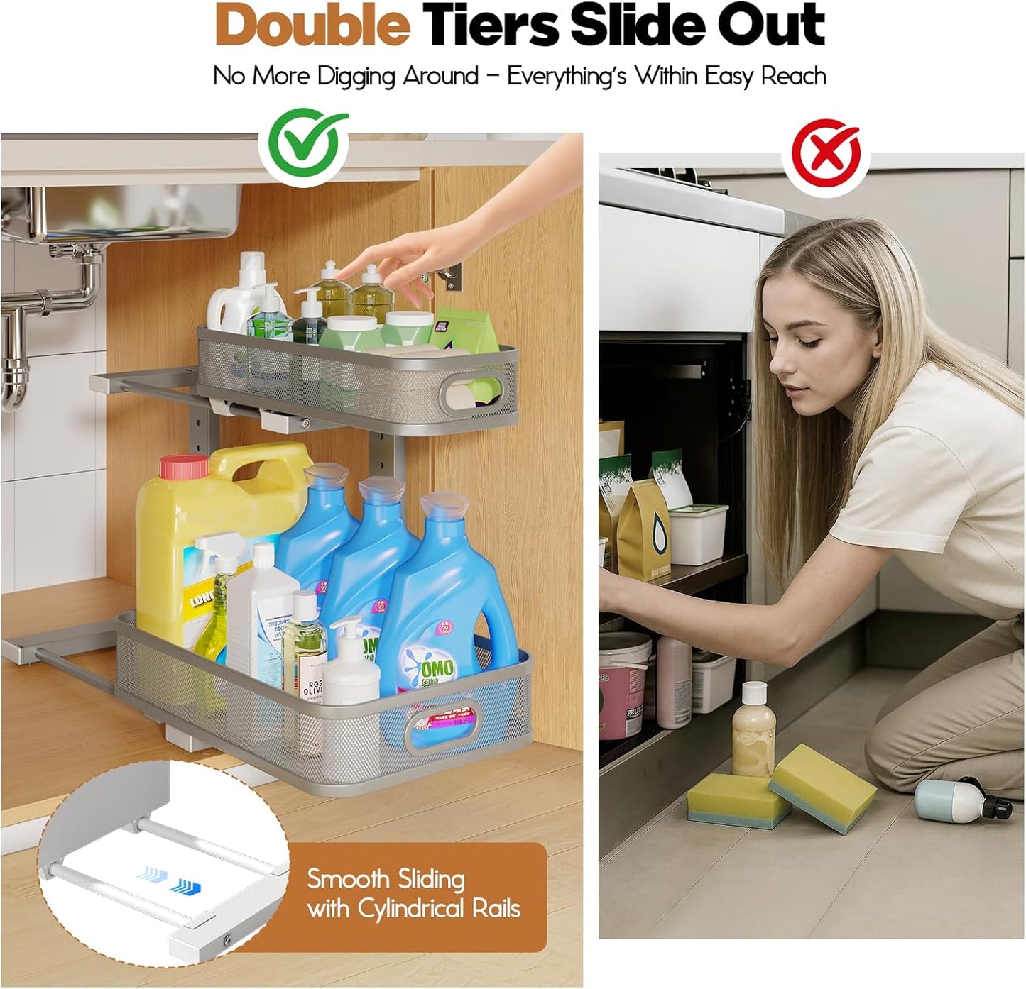 2 Pack 15.7IN-Depth Under Sink Organizer With Smooth Cylindrical Rail,2-Tier Pull Out Multi-Purpose Cabinet Storage for Bathroom&Kitchen,Height Adjustable,Rust-resistant Coating-Gun Gray