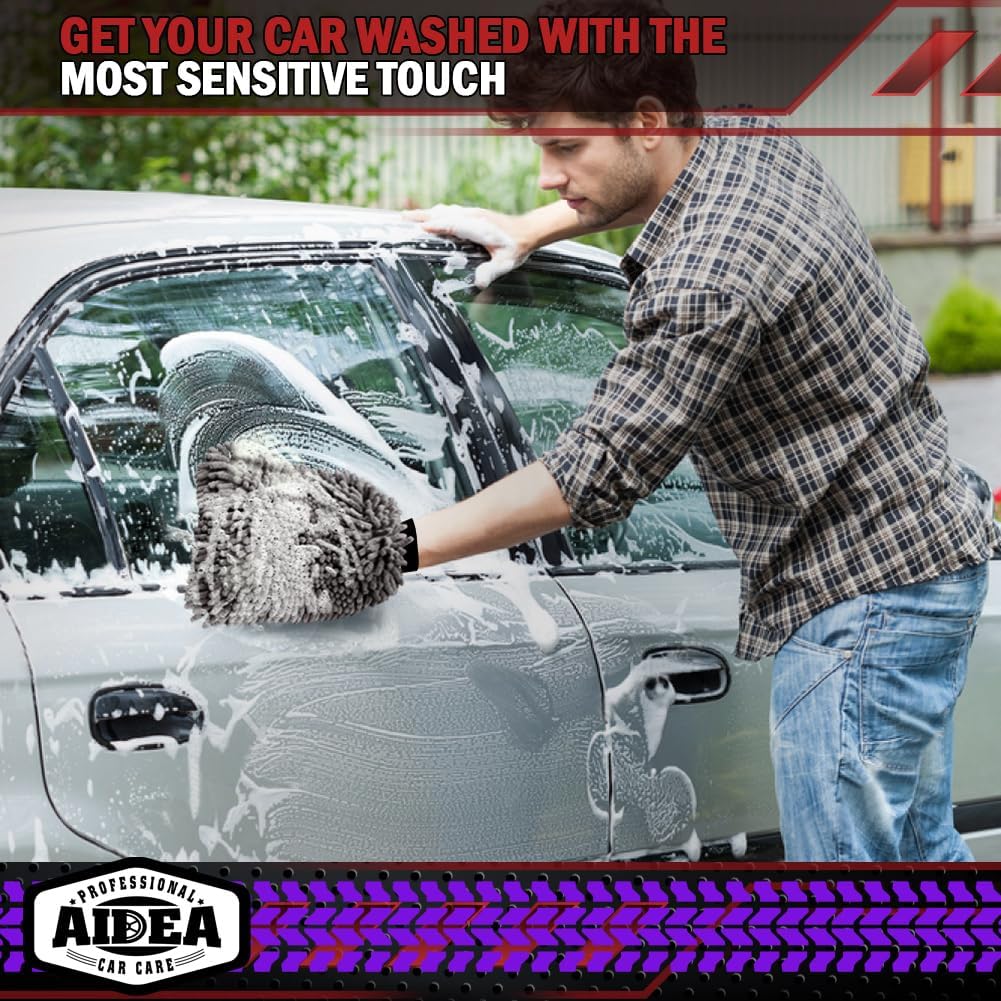 AIDEA Car Wash Mitt Microfiber, 1PK Scratch Free Lint-Free, Premium Chenille Microfiber Sponge Mitt Car Wash Brush, Grey, Regular Size 7.12''X10.14''