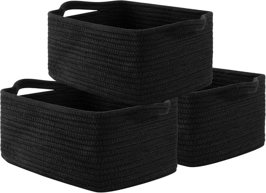 OIAHOMY Cotton Rope Woven Baskets for Storage, Nursery Rectangle Storage Basket with Handles for Shelves, Pack of 3, Black