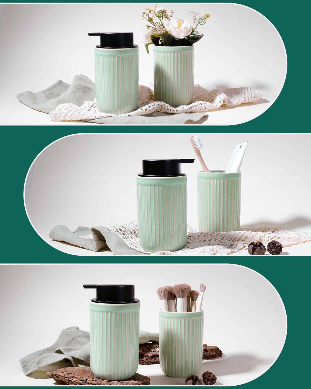 BosilunLife Dish Hand Soap Dispenser - Liquid Pump Soap Dispenser for Bathroom Deco Light Green 12oz Ceramic Kitchen Dish Dispenser with Rust-Proof Liquid Pump Modern Refillable Lotion Bottles