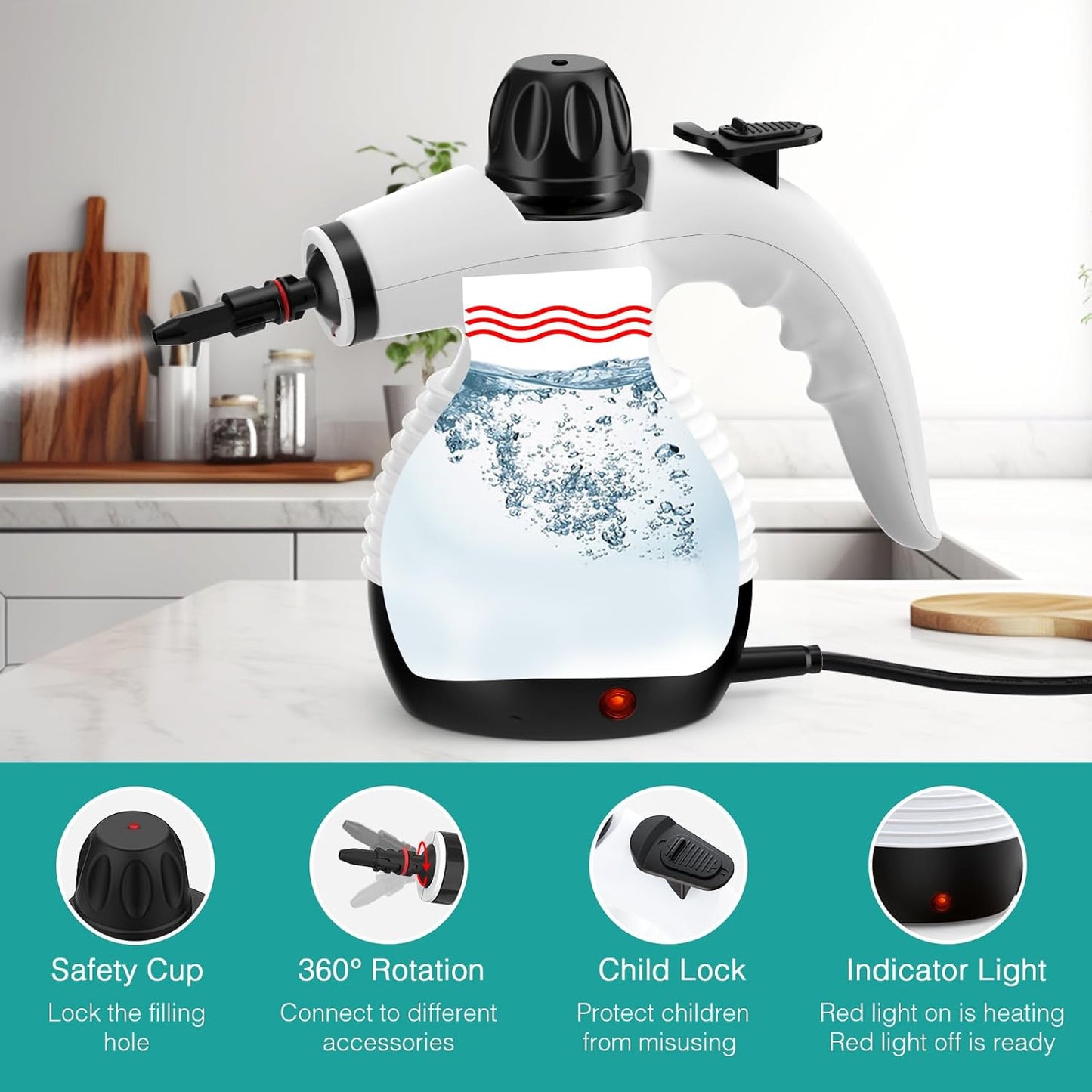 Handheld Steam Cleaner, Steamer for Cleaning, Multipurpose Portable Steam Cleaners for Home Use with Safety Lock and 10 Accessory Kit to Remove Grime, Grease, and More, Save Time and Effort
