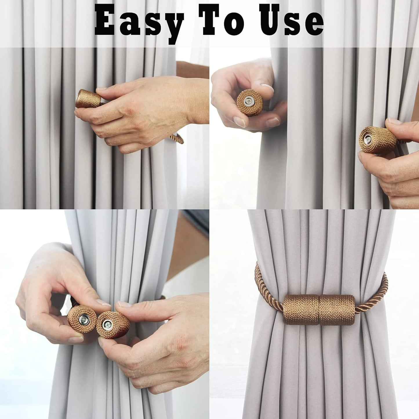 4 Pack Strong Magnetic Curtain Tiebacks Outdoor Elegant Decorative Tie Backs Modern Rope Tiebacks for Drapes Window Curtain Holdbacks for Draperies- Khaki