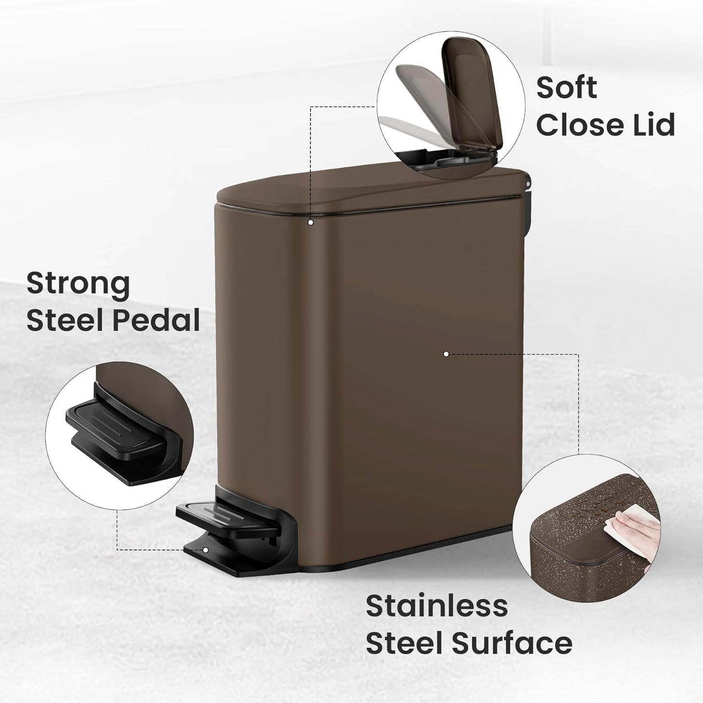 Cesun Small Bathroom Trash Can with Lid Soft Close, Step Pedal, 6 Liter / 1.6 Gallon Stainless Steel Garbage Can with Removable Inner Bucket, Anti-Fingerprint Finish (Brown)