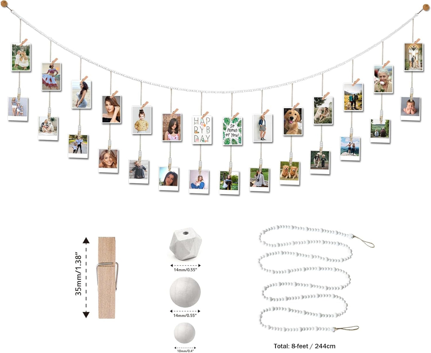 8 Feet Wooden Beads Garland with Clothespins Picture Cards Holder - Country Farmhouse Christmas Nursery Boho Holiday Decorations with Clips