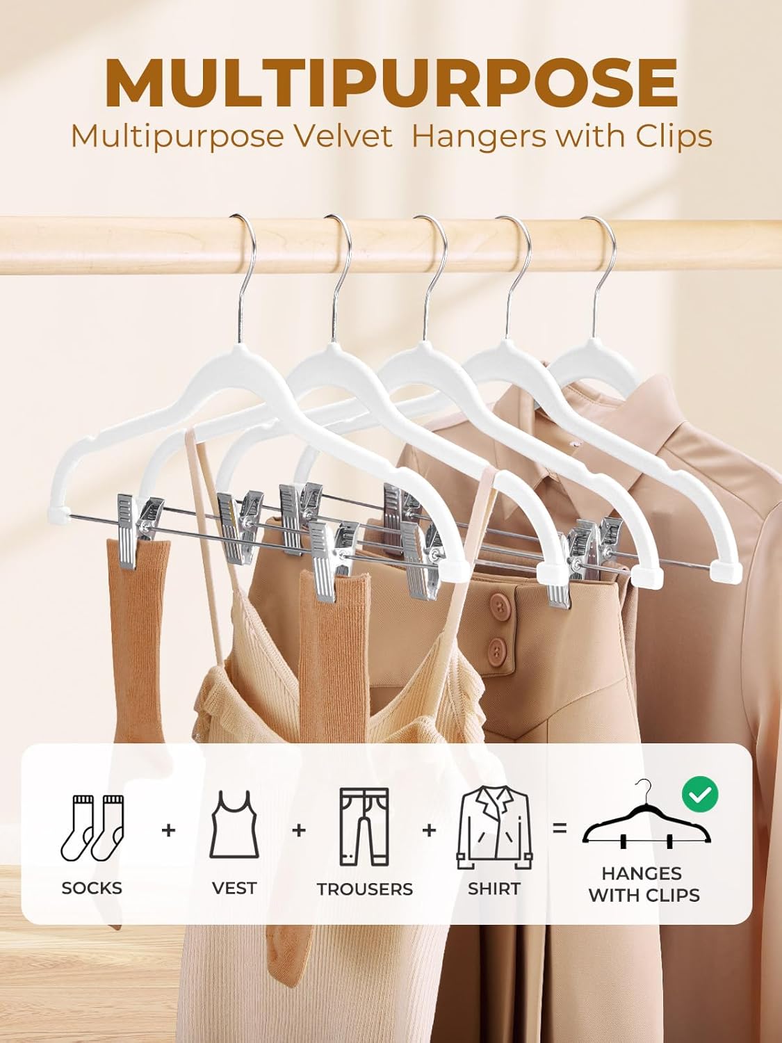 HOUSE DAY Velvet Skirt Hangers 24 Pack, White Velvet Hanger with Adjustable Clips, Space Saving Slim Pant Hangers, Heavy Duty Non Slip Clip Hanger for Pants, Skirts, Shorts