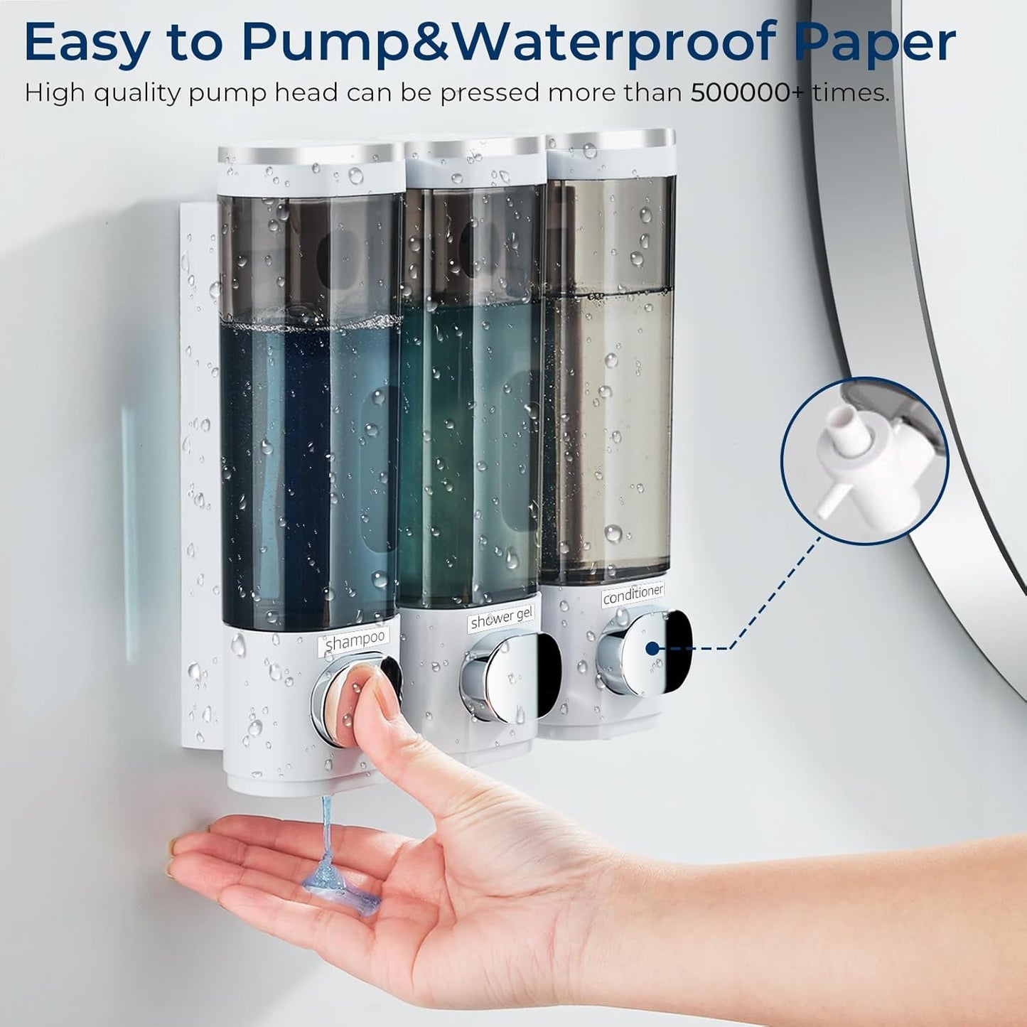 Shampoo and Conditioner Dispenser, Shower Soap Dispenser 3 Chamber No Drill Shampoo Dispenser for Shower Wall Mounted Shampoo Conditioner Body Wash Dispenser for Bathroom,Large Capacity,White