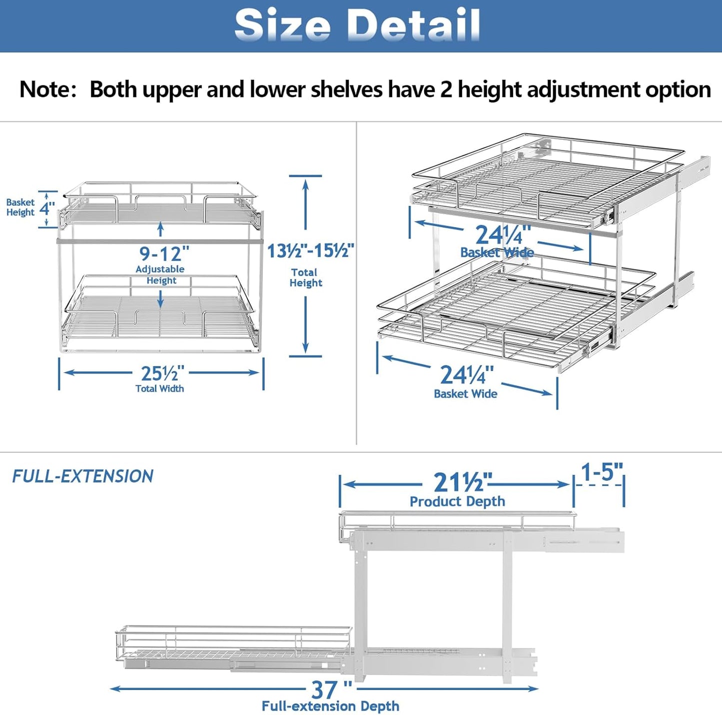 2 Tier Individual Pull Out Cabinet Organizer 25½" W x 21½" D, Heavy Duty Cabinet Pull Out Shelves, Slide Out Drawers Organization for Kitchen Cabinets Bathroom