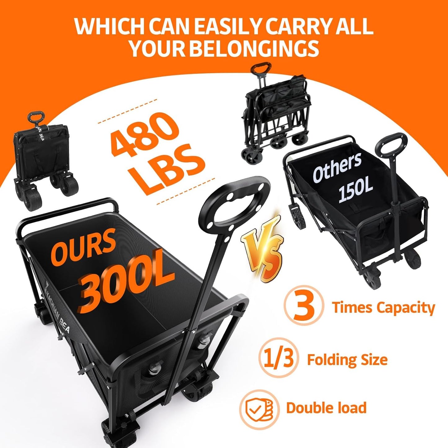 300L Large Collapsible Wagons Carts with Big All-Terrain Beach Wheels, Foldable Shopping Wagon Cart, Heavy Duty 480lbs Load, Folding Utility Cart for Groceries Garden Sport (Black)