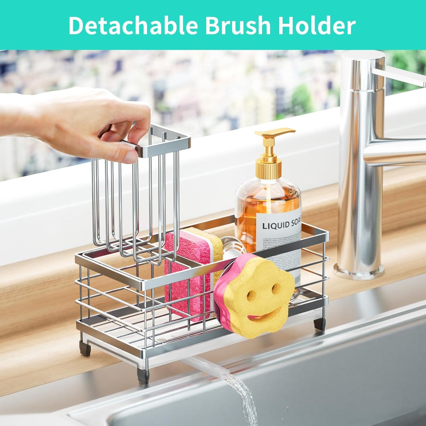 HapiRm Sponge Holder for Kitchen Sink - Self-draining Sink Caddy with Smiley Face and Brush Holder, Stainless Steel Kitchen Organizer for Countertop - Silver