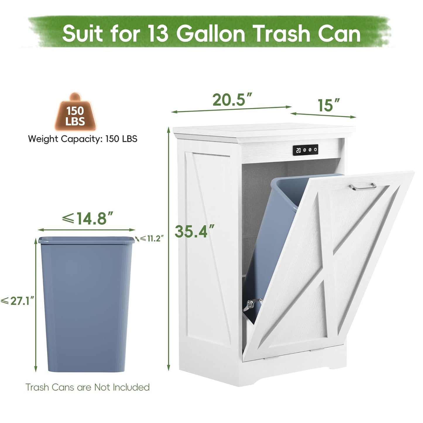 Betterhood TOLEAD Tilt Out Trash Can Cabinet, Hidden Trash Bin with Deodorizing & Negative Ion System, Pet-Proof Kitchen Waste Cabinet for Kitchen, Dining Room, Living Room (White, 1 * 13 Gallons)