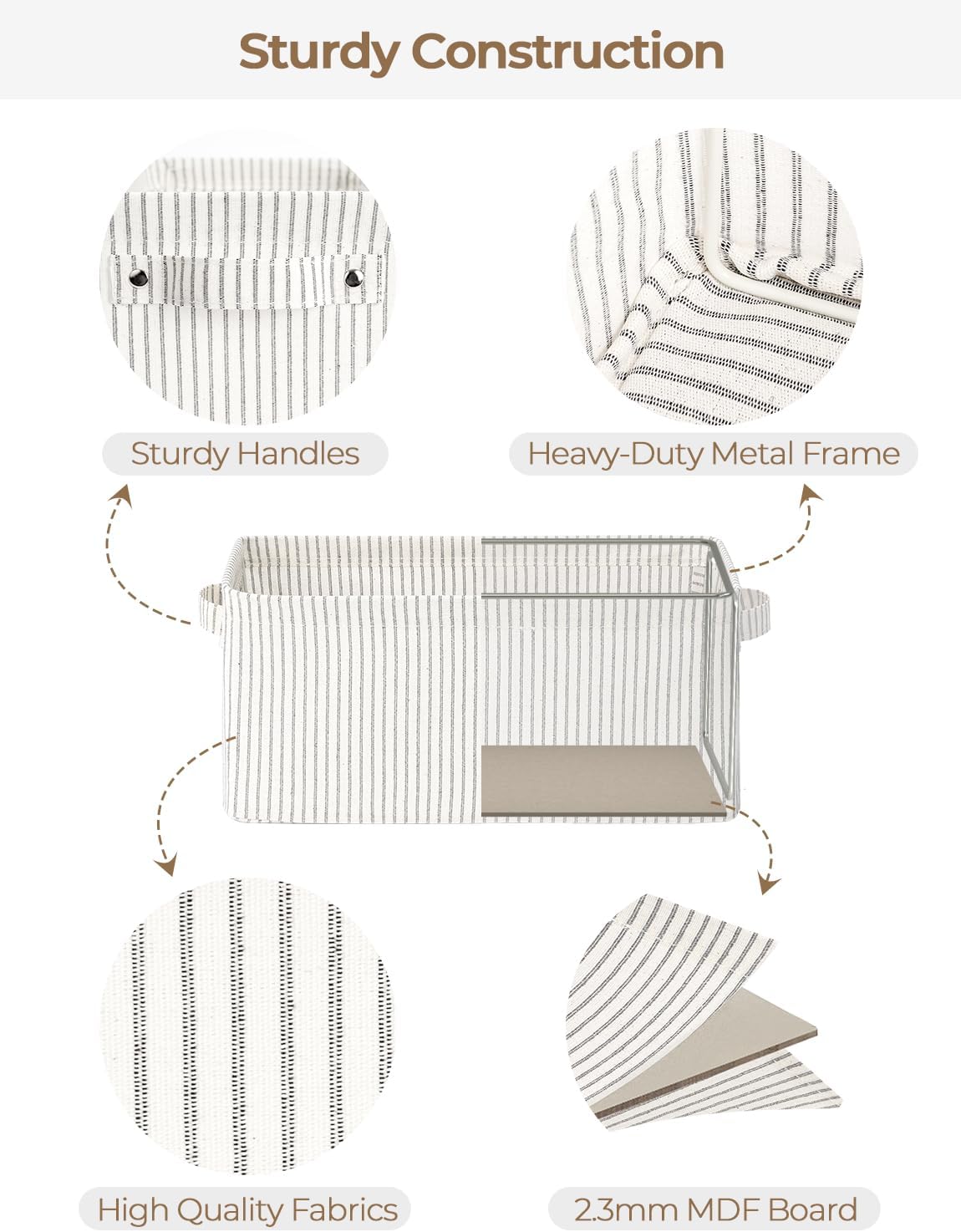 StorageWorks Narrow Storage Bins, Small Basket for Closet and Shelves, Rectangular Fabric Organizer with Handles, Toilet Paper Storage, Khaki and Beige Stripes, 2-Pack