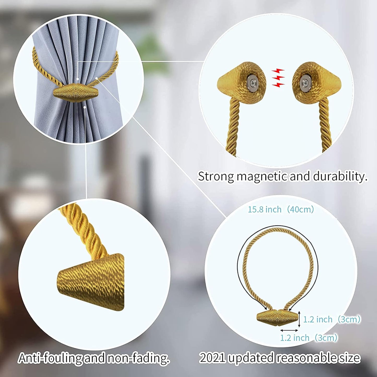 Hion Magnetic Curtain Tiebacks Golden 2pcs, Curtain Tiebacks Buckles Holdbacks Holders Hooks Clip for Home Bedroom Office Decorative Curtain