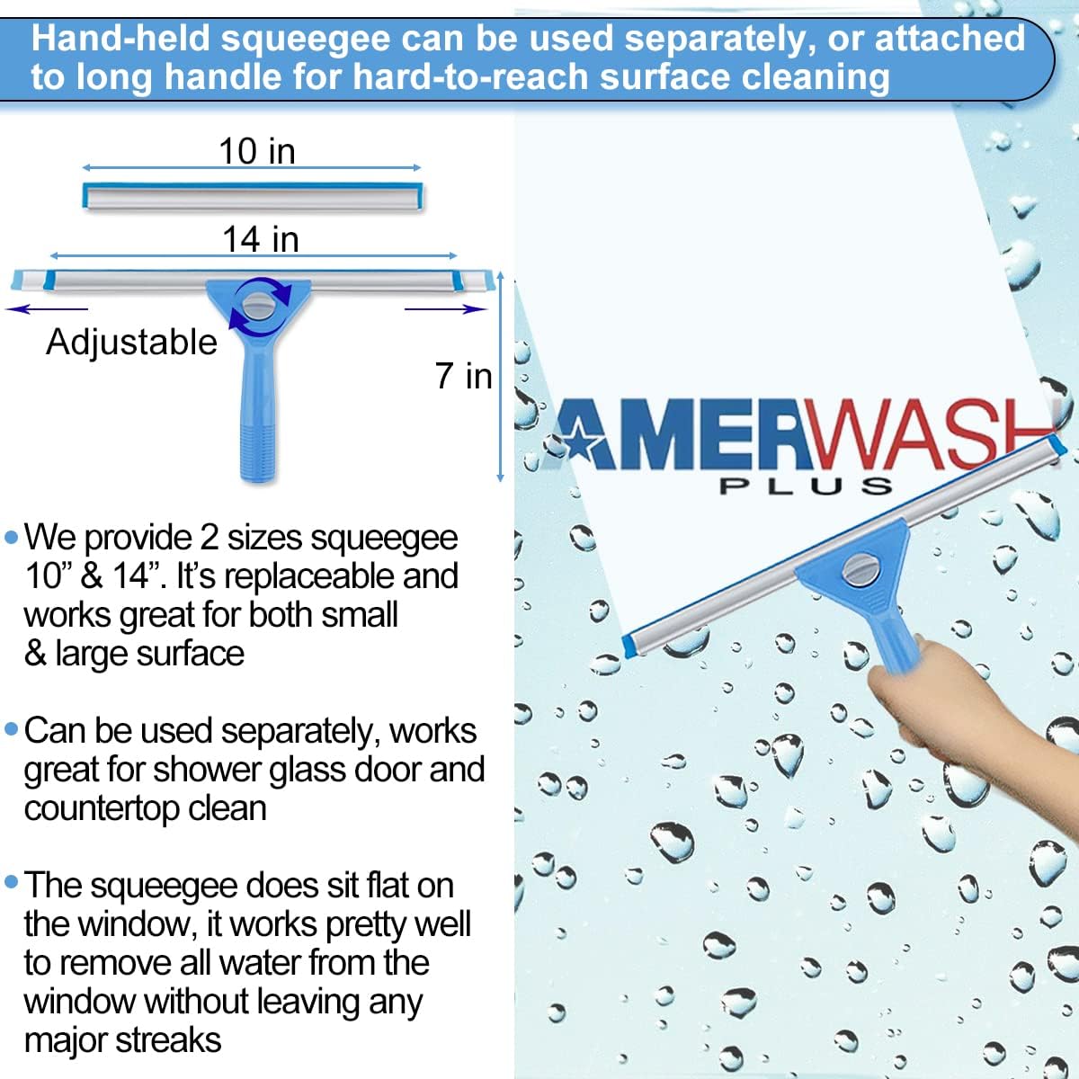 Window Squeegee Washing Kit for High Window, Shower Glass Door, Mirror Cleaning, with 69-inch Extension Pole, Extra 14'' Wide Squeegee and 2 Microfiber Scrubbers Included
