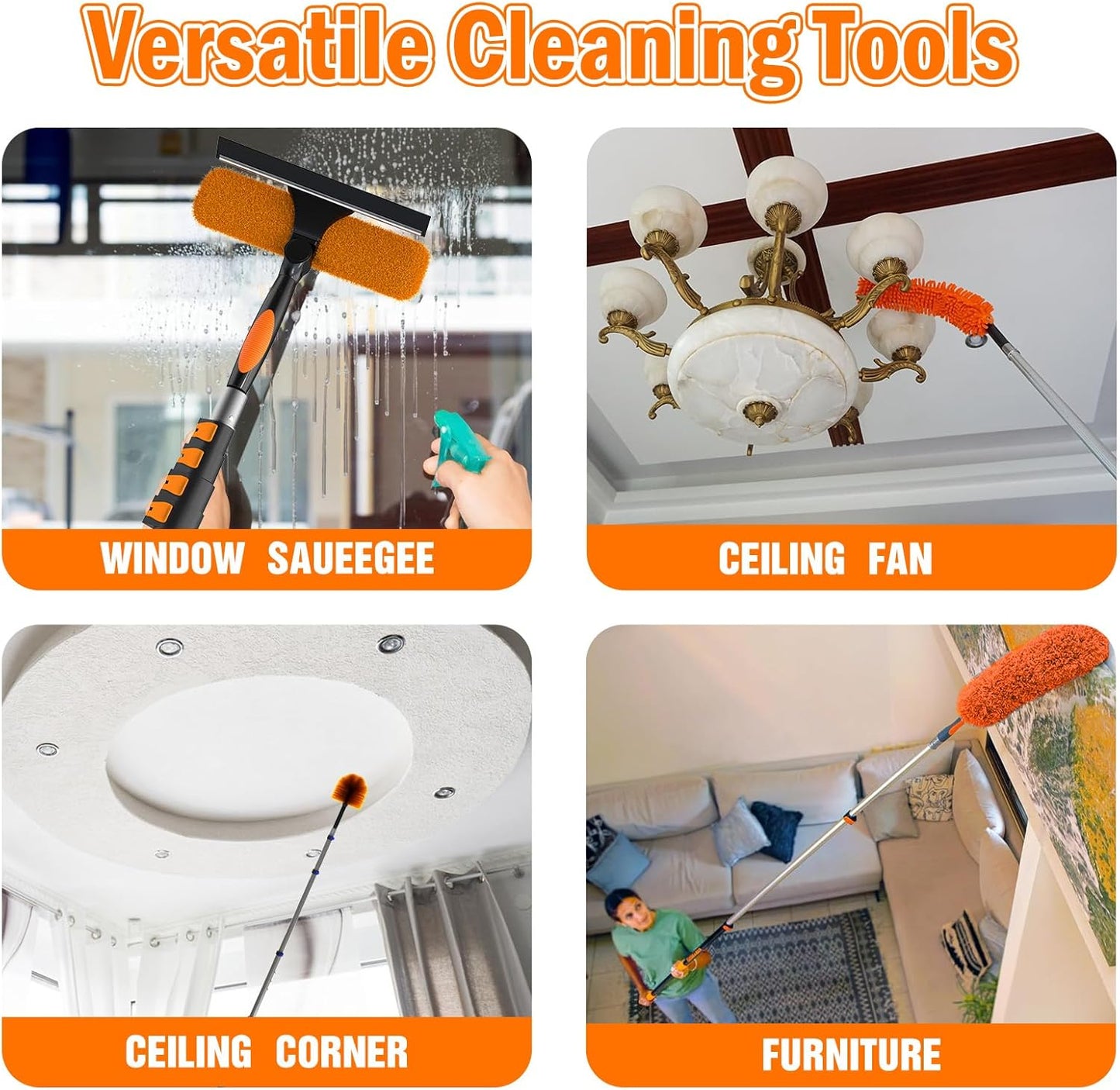 20FT High Reach Duster Cleaning Kit with Extension Pole, High Ceiling Fan Cleaner Duster Tool for Fan Blades, Window Washing Kit with Microfiber Feather Duster & Window Squeegee