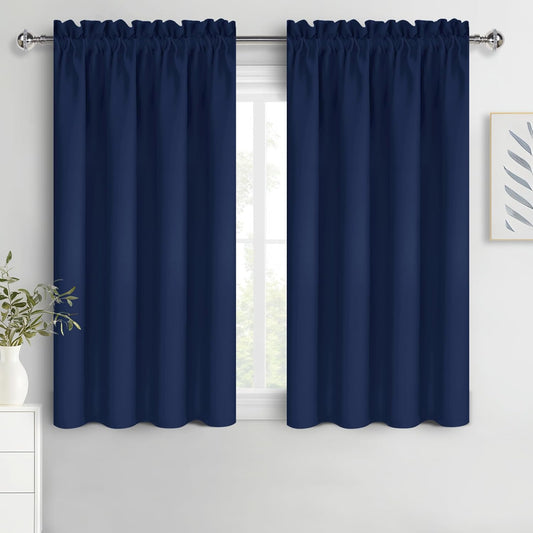 DWCN Short Blackout Curtains for Bedroom 45 Inches Long 2 Panels Set, Solid Thermal Insulated Energy Saving Window Treatment Drapes, Rod Pocket Curtains for Kids Boys Room (W42 x L45 Inch, Navy Blue)