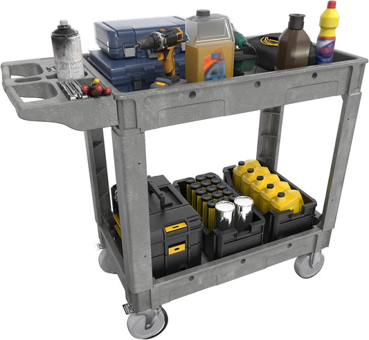 2 Tier Plastic Rolling Cart Utility Cart on Wheels, Heavy Duty Tool Carts with Ergonomic Storage Handle and Deep Shelfs, Work Carts Service Cart for Garage, Warehouse, Workshop, Office, Cleaning