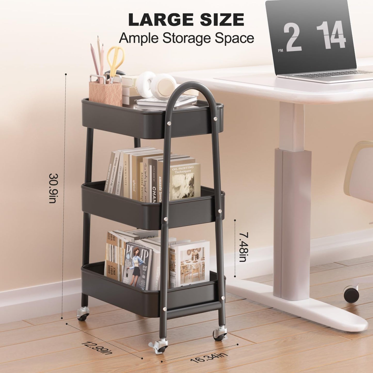 EAGMAK 3 Tier Rolling Cart, Large Metal Storage Cart with Handle and Lockable Wheels, Big Multifunctional Storage Organizer Trolley with Mesh Baskets for Kitchen, Living Room, Office, Garage (Black)