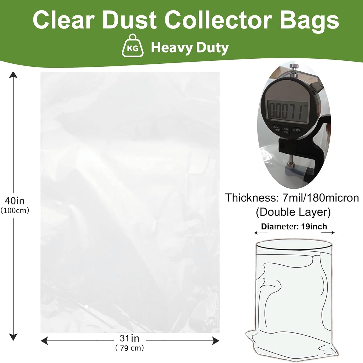 Dust Collector Bags 12pcs two-sided 7mil 19.5" diameter (31" width x 40" length) for Harbor Freight Central Machinery 35 and 70 Gallon Dust Collector (12)