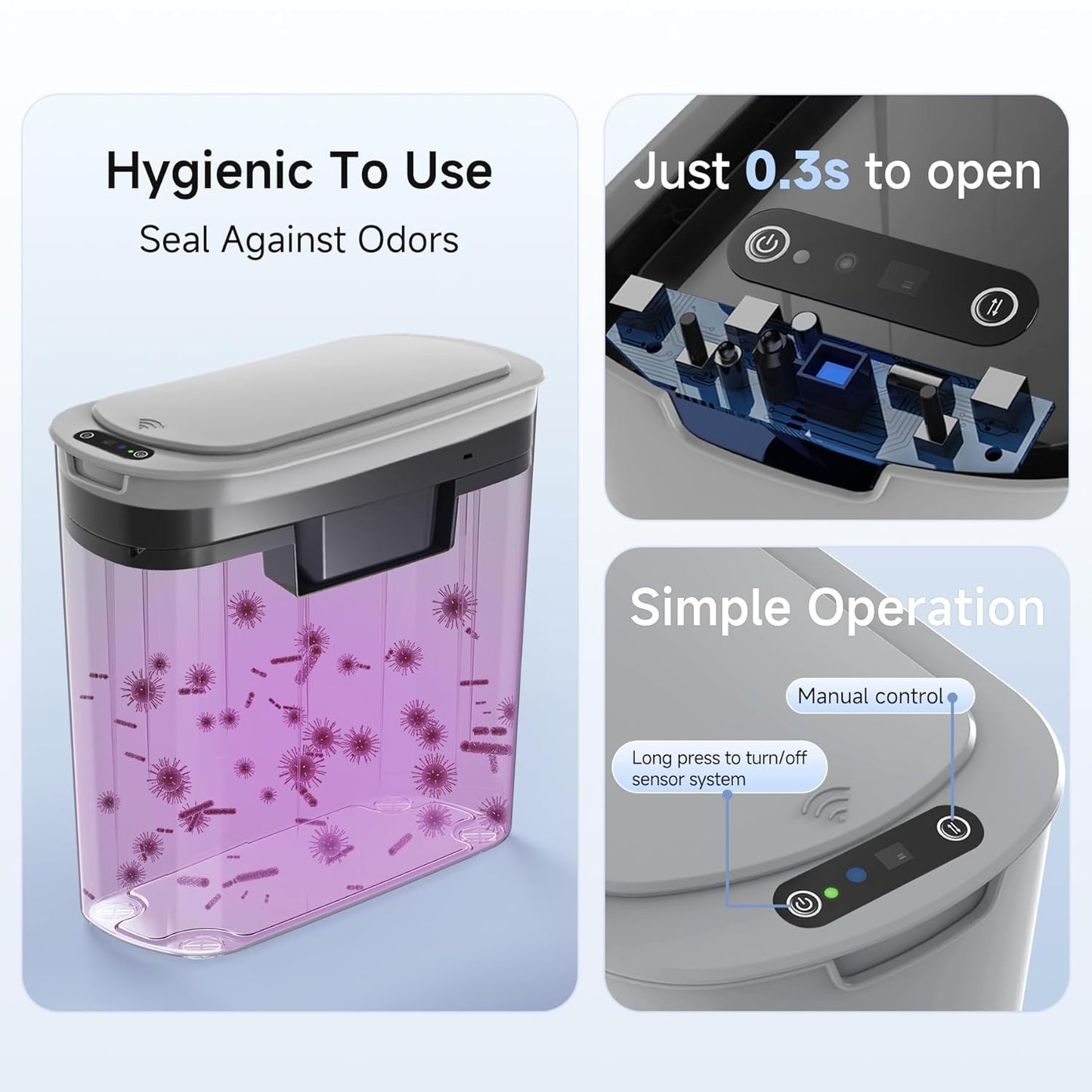 5 Gallon Motion Senor Bathroom Trash Can with Lid, Automatic Garbage Can Touchless, Smart Plastic Waste Basket for Narrow Spaces, Bathroom, Office, Bedroom, Living Room (Gray)