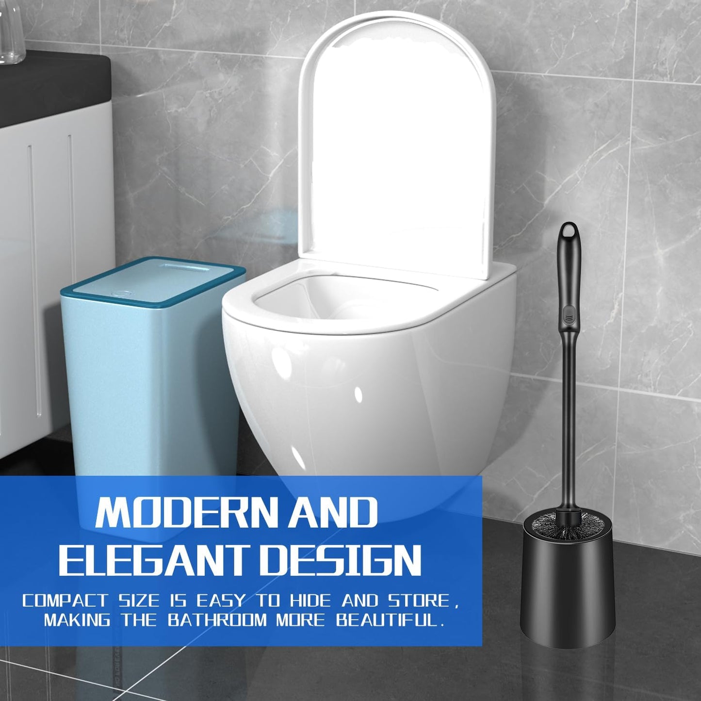 Toilet Brush and Holder 2 Pack with Long Handle - Non-Slip Grip Toilet Bowl Brush Set for Deep Cleaning Bathroom, Toilet Scrubber- Black