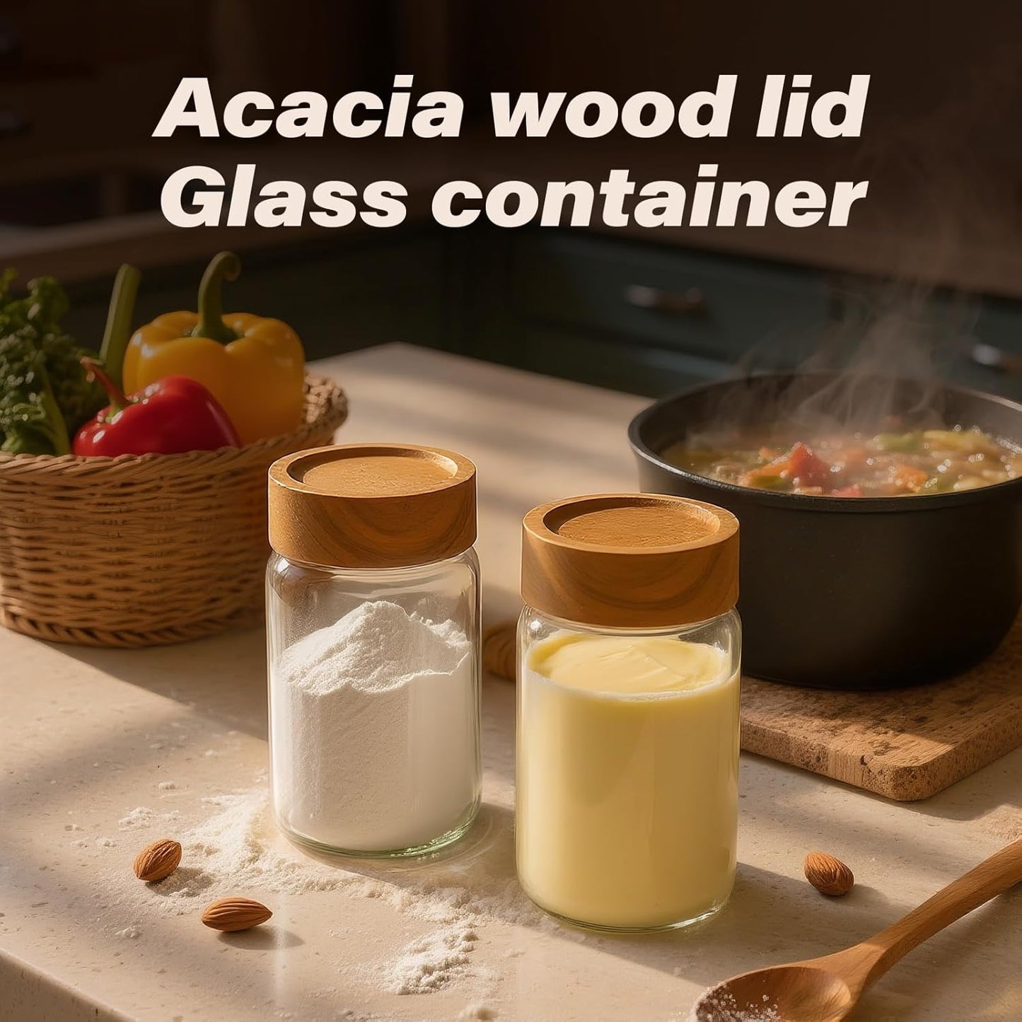 2-Piece 10 oz Food-Grade Glass Mason Jars with Sturdy Acacia Wood Lids, Sealable Waterproof, Transparent Easily Stackable for Overnight Oats, Spice Storage & Snack Organizing