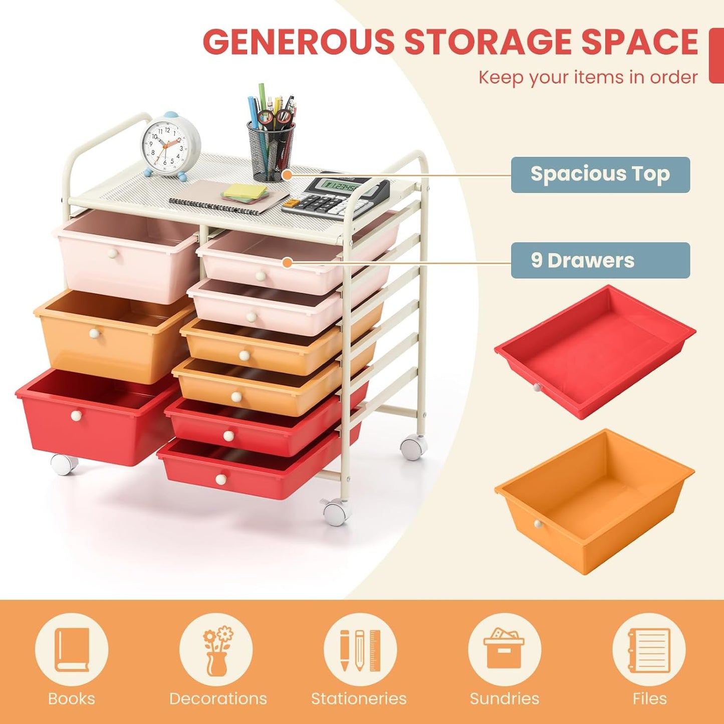 GOFLAME 9-Drawer Rolling Storage Cart, Mobile Utility Cart with Removable Drawers & Metal Frame, Art Craft Organizer Cart with Lockable Wheels, Storage Drawer Cart for Home Office, Macaron Color