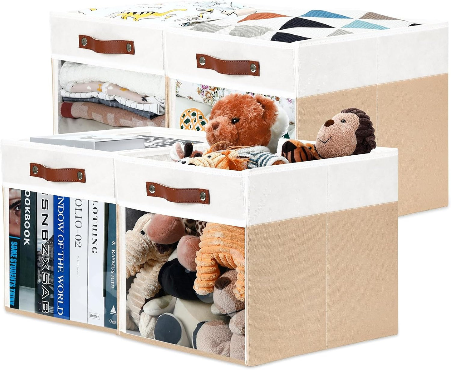 HNZIGE Fabirc Storage Cube Bins 13x13x15 Storage Cube Bins, 4 Pack Foldable Decorative Clear Cube Storage Bins for Cube Organizer Canvas Cubby Storage Organizer Bins for Shelves Pantry- White Beige