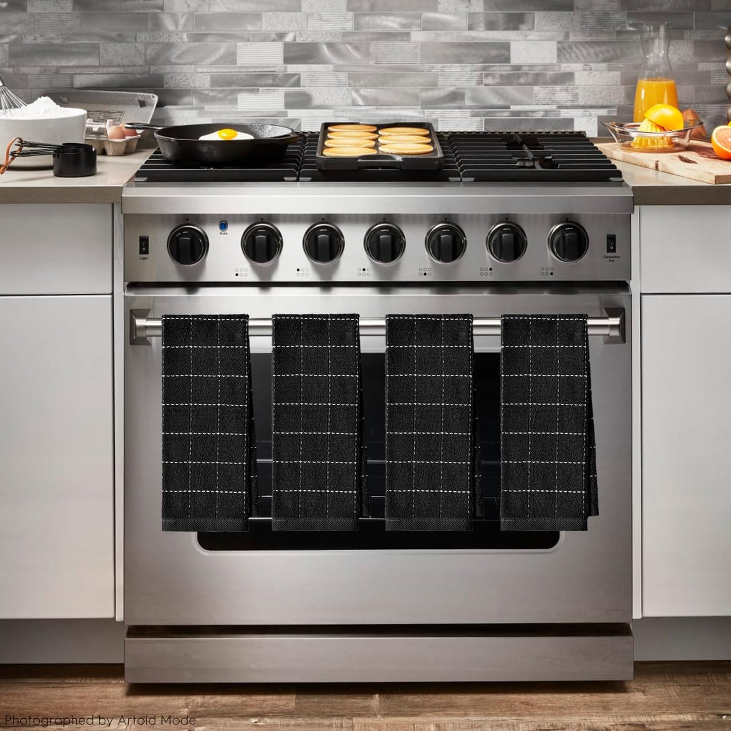 Artoid Mode Checkered Designed Cotton Black Terry Kitchen Dish Towels, 15x25 Inch Soft Absorbent Quick Drying Family Cleaning Tea Towels Set of 4