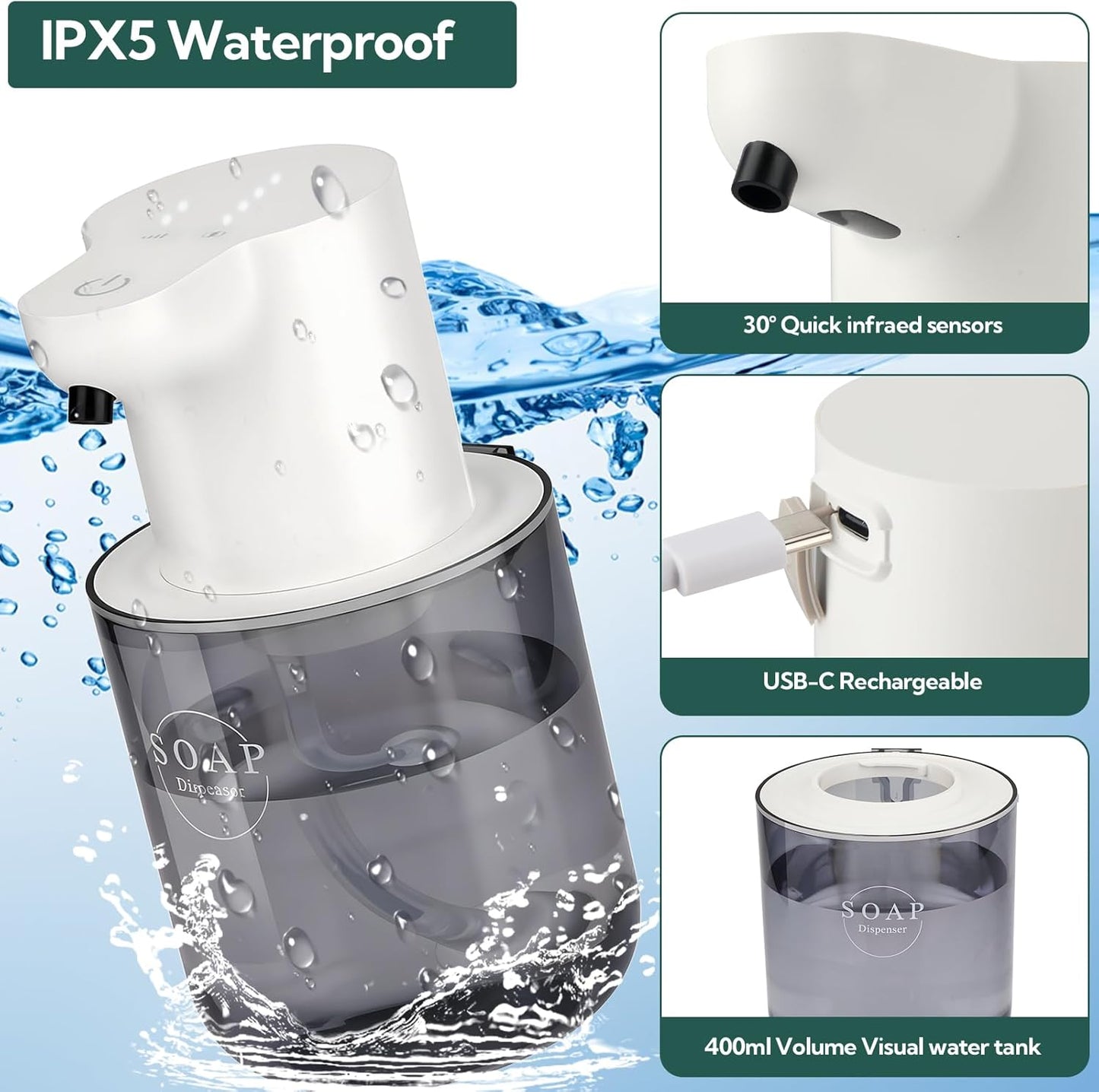 2 Pack Automatic Soap Dispenser, Touchless Automatic Foaming Soap Dispenser, Electric Wall Mounted Dispenser, 13.5oz/400ML USB Rechargeable with 4-Level Adjustment for Bathroom, Kitchen & Office