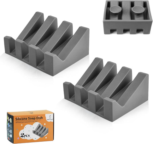 Silicone Soap Dish for Bar Soap Holder for Shower Bathroom Self Draining Waterfall Drying Tray Keep Soap Bars Dry Clean & Easy Cleaning (Gray, 2)
