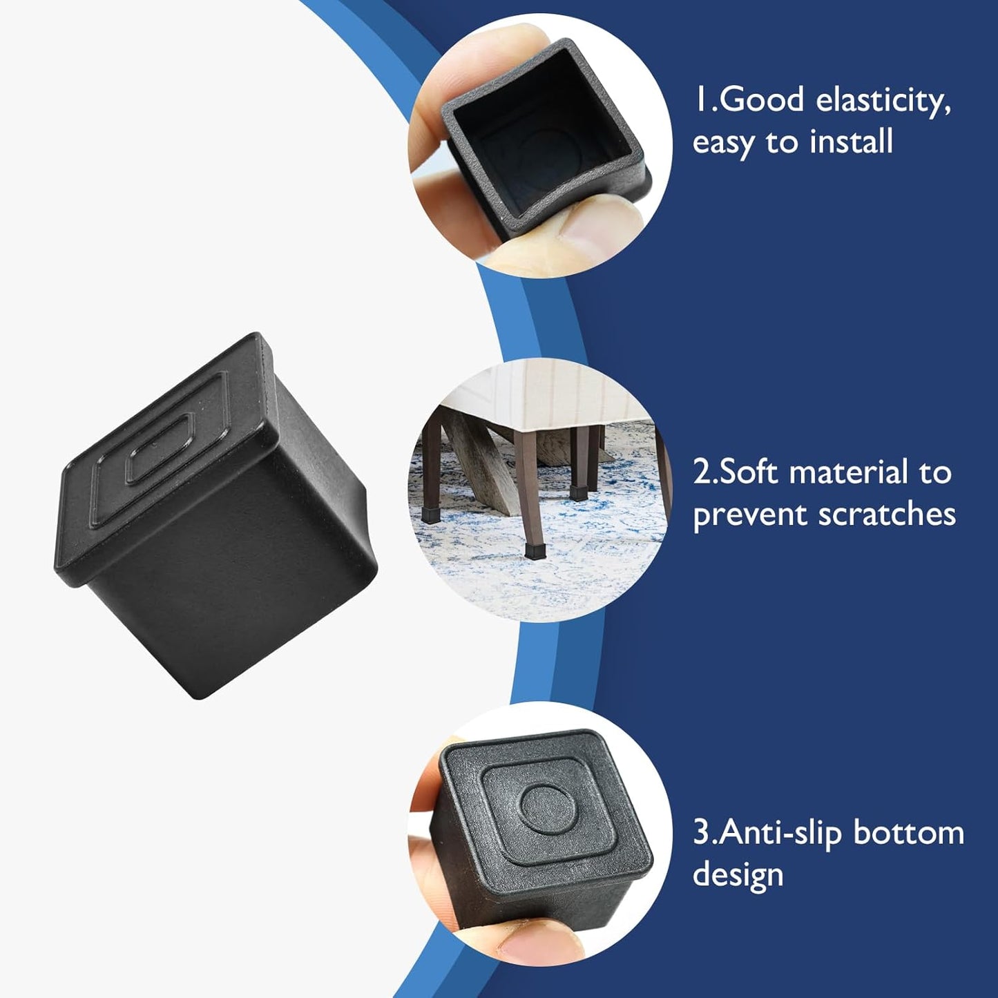 16 Pcs 1-1/4" x 1-1/4" Square Rubber Chair Leg Caps, PVC Table Leg Covers, Flexible & Anti-Slip Furniture Leg End Caps, Chair Leg Floor Protectors for Bar Stool Leg Patio Indoor, Black