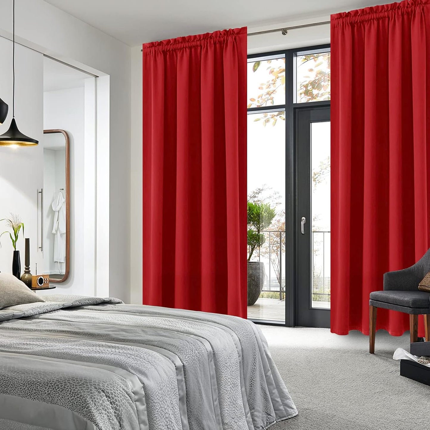 DWCN Christmas Blackout Curtains Room Darkening Thermal Insulated Bedroom Curtains Window Curtain Panels, 52 x 84 inches Long, Set of 2 Red Rod Pocket Drapes