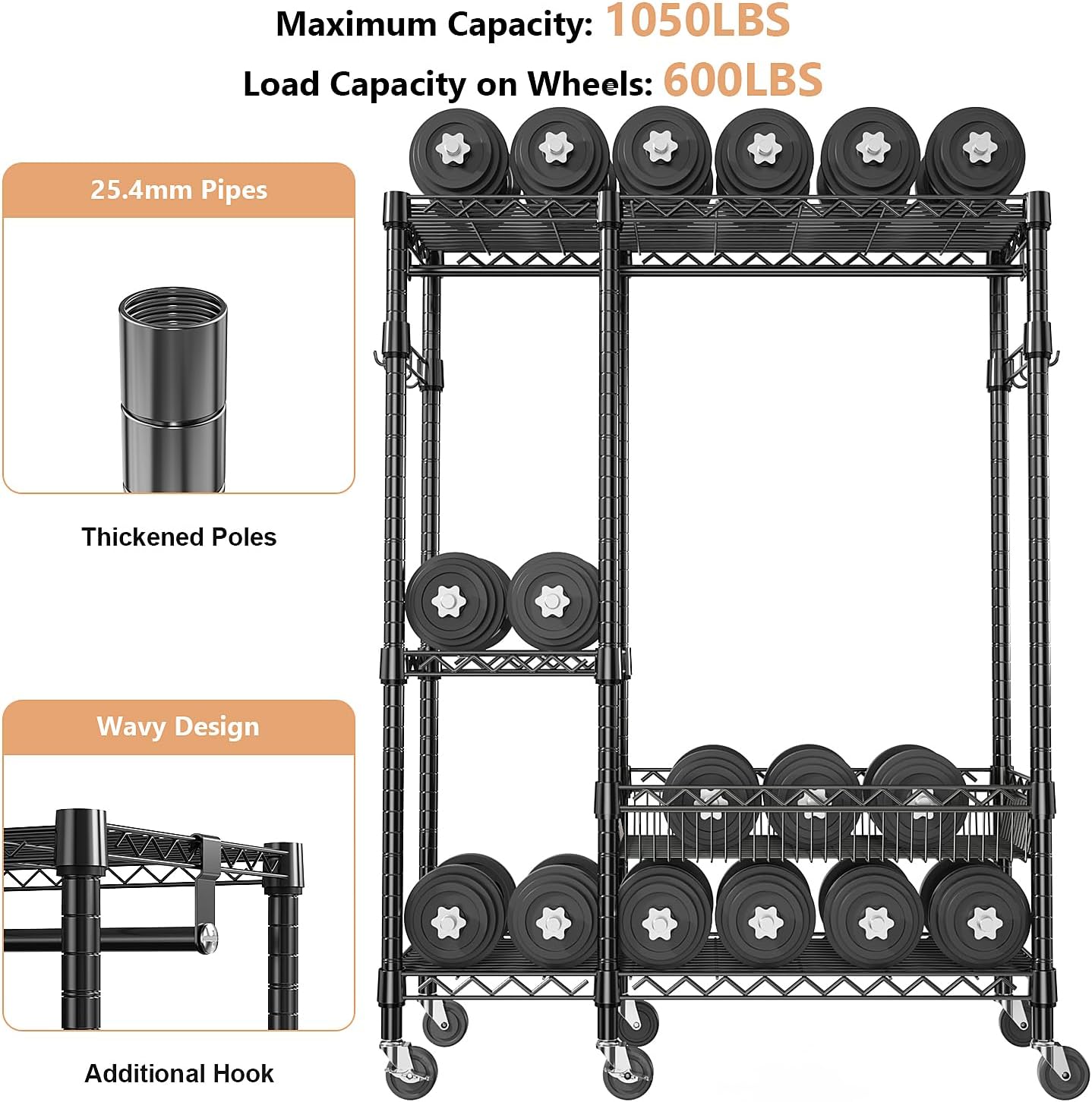 Heavy Duty Rolling Garment Rack 4 Tiers Adjustable Wire Shelving Clothes Rack with Rods and Side Hooks, Storage Closet Clothing Rack with Wheels Black 17.7" D x 47.2" W x 83.6" H