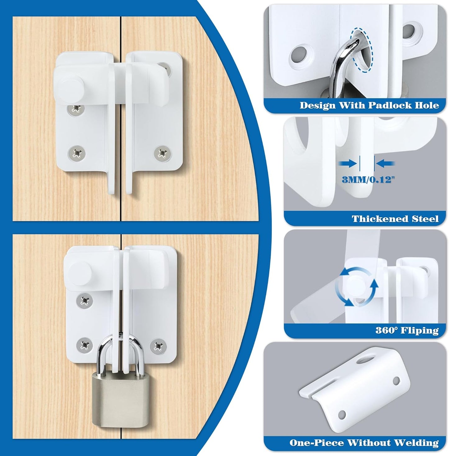 Alise Flip Latch,Gate Latches Slide Bolt Latch Safety Door Lock Catch for Barn Cabinet Pet Cage Wood Fence Bathroom Garage Window,SUS304 Stainless Steel Gate Hardware Locks,White Finish MS5009-W