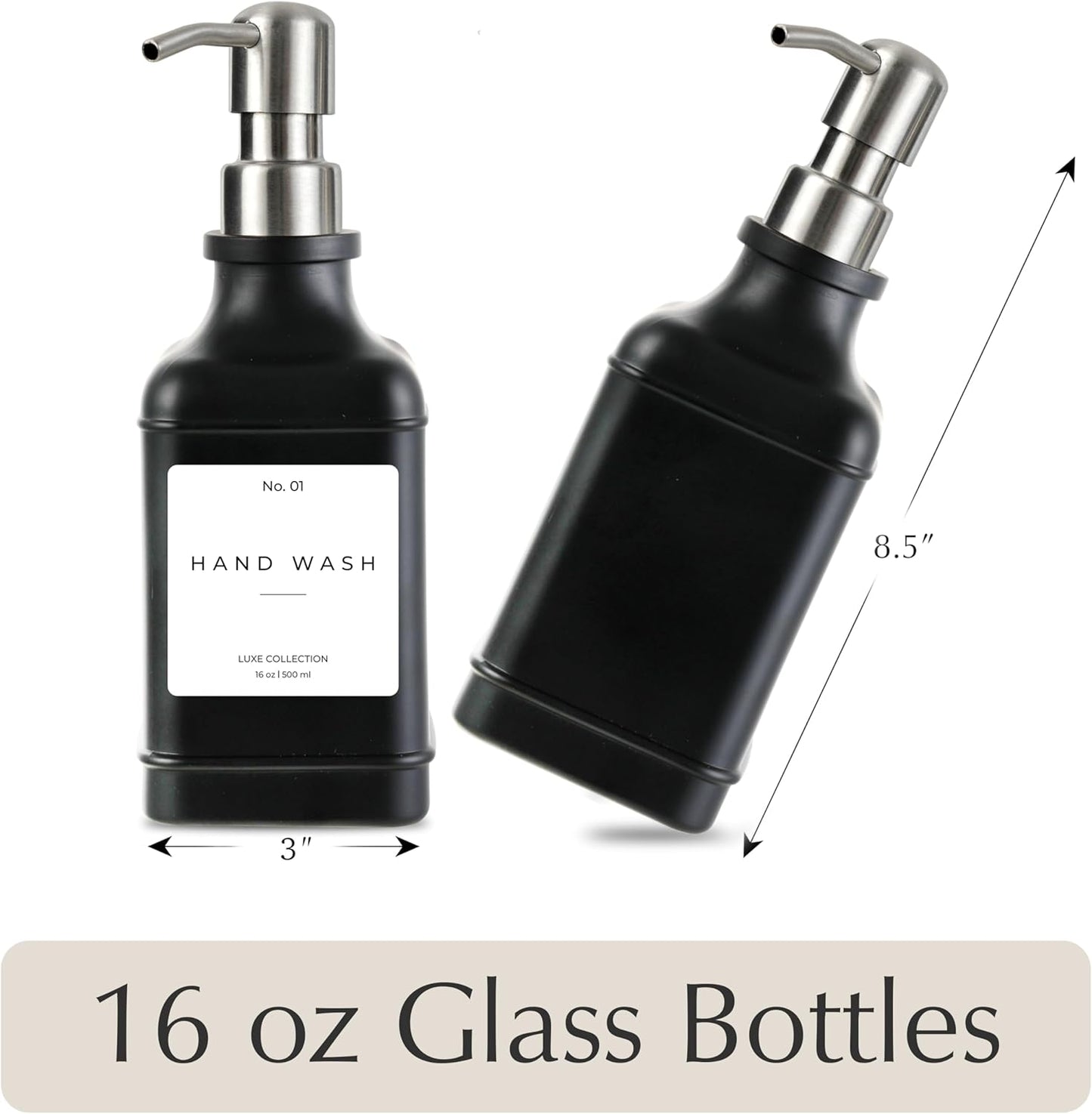 Emerson Essentials Soap Dispenser, Dish Soap Dispenser, Soap Bottle Bathroom Set, Hand Soap Farmhouse, Kitchen Soap Bottles - Glass Soap Dispenser with Pump and Labels, 16 Oz, 2 Pack