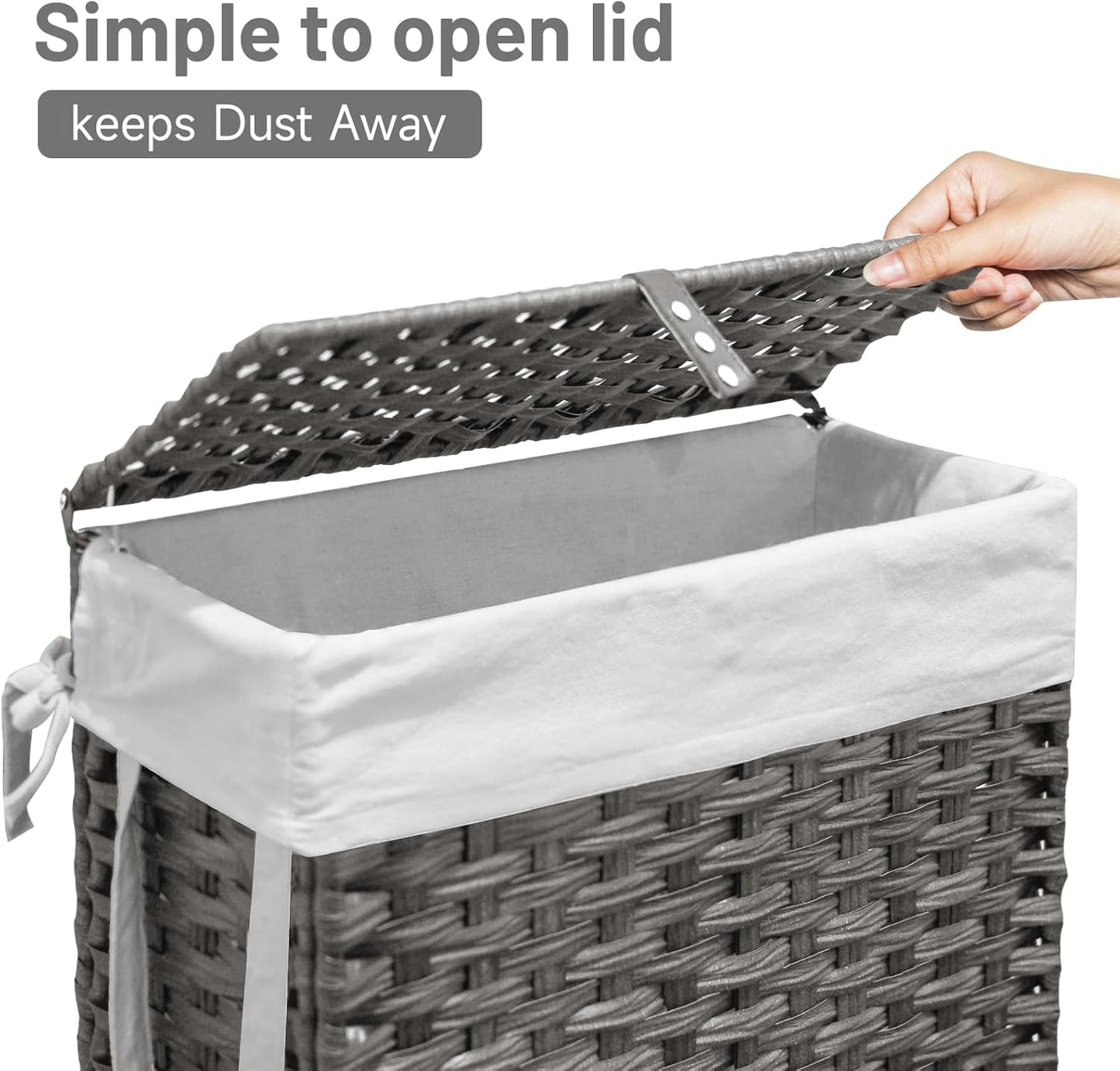 70L Slim Laundry Hamper with Lid & Wheels, Rolling Laundry Basket with 2 Removable Liner Bags & 3 Mesh Bags, Narrow Dirty Clothes Basket, Foldable Handwoven Rattan Laundry Sorter, Grey