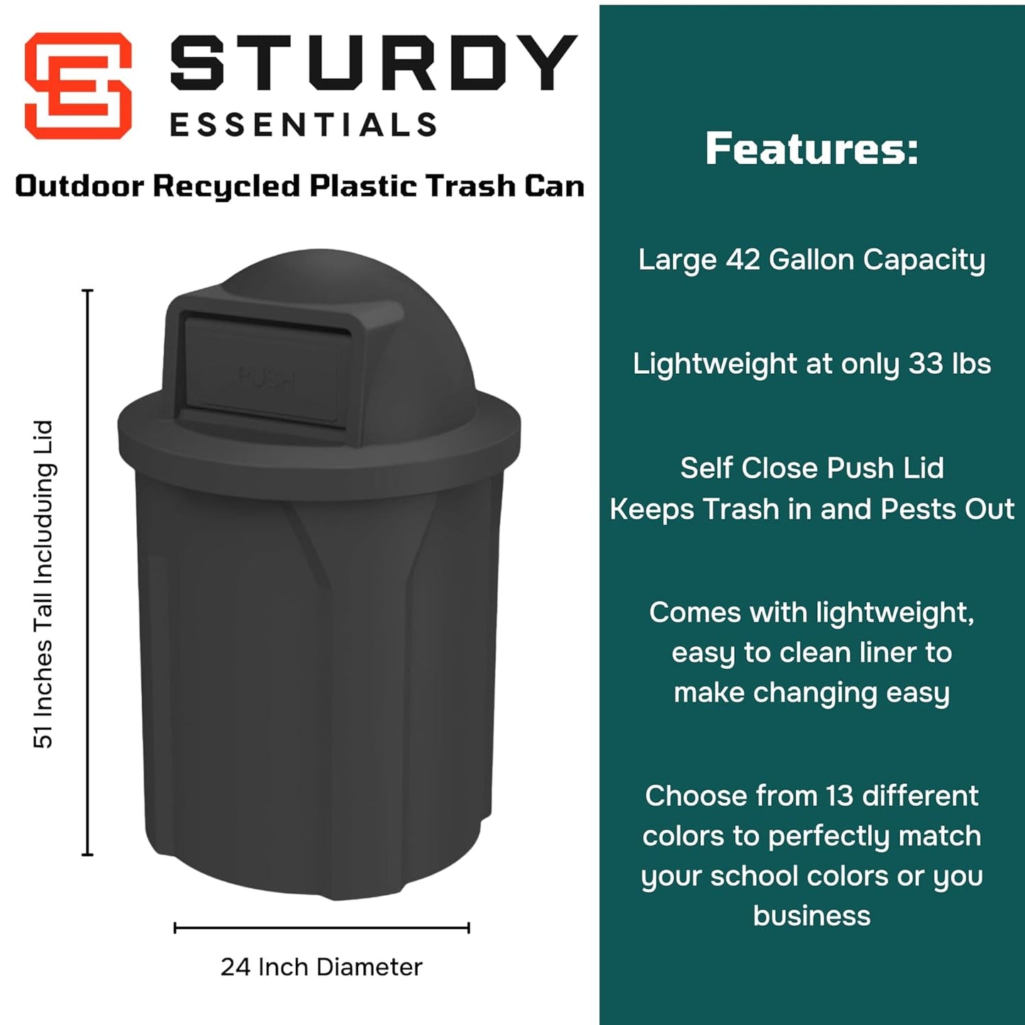 42 Gallon Circle 100% Recycled Plastic Heavy Duty Indoor or Outdoor Commercial Trash Can with Push Open Dome Lid and Internal Liner - Great for Schools and Businesses - Black