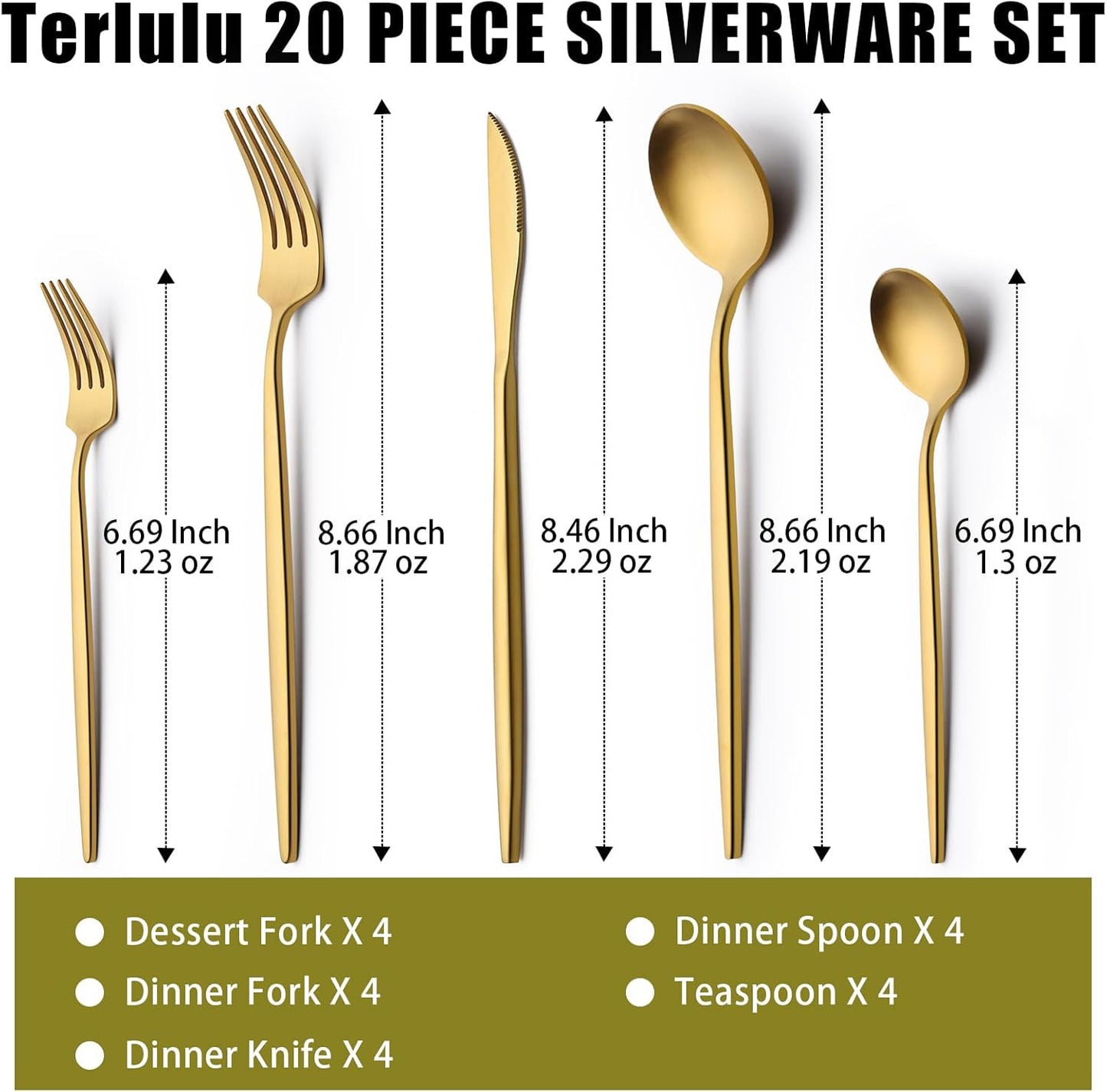 20 Piece Gold Silverware Set for 4, Terlulu Stainless Steel Flatware Set, Gold Cutlery Set Utensils Set, Tableware Include Forks Knives Spoons for Home Kitchen Restaurant Wedding, Satin Finish