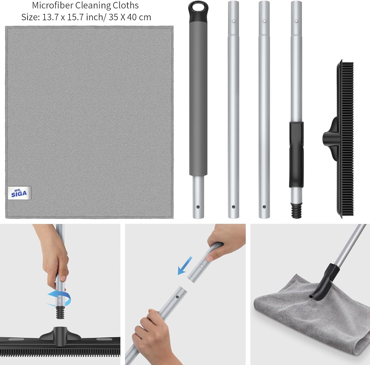 MR.SIGA Pet Hair Removal Rubber Broom with Built in Squeegee, 3 in 1 Floor Brush for Carpet, 61 inch Adjustable Handle, Includes 1 Microfiber Cloth for Floor Dusting