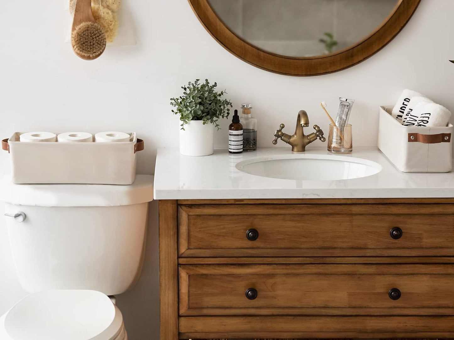 StorageWorks Narrow Storage Bins, Small Basket for Closet and Shelves, Fabric Organizer with Handles, Toilet Paper Storage, Beige, 2-Pack