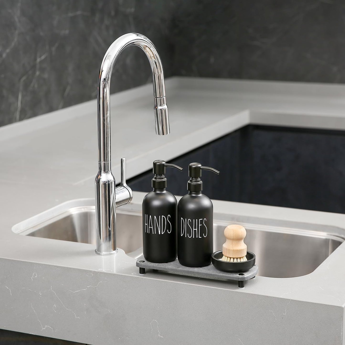 MOMEEMO Matte Black Soap Dispenser Set Comes with Stainless Steel Pumps, Instant Dry Tray, and Dish Scrub Brush, Suitable for Matte Black Kitchen Accessories. (Black)