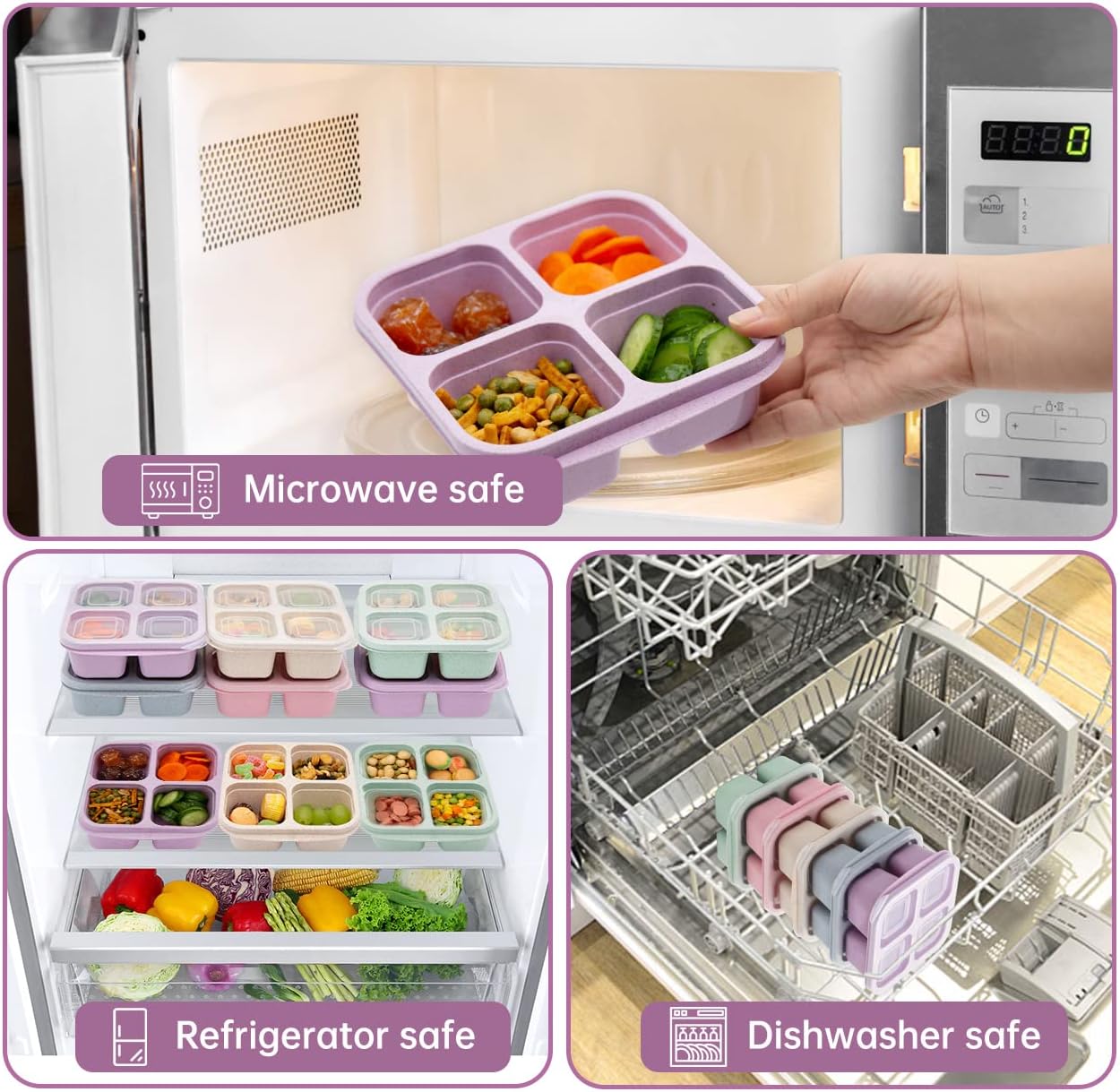 5 Pack Bento Lunch Box,4 Compartment Snack Containers,Divided Snack Box,Meal Prep Lunch Containers FOR Kids/Toddle/Adults,Food Storage Containers for School, Work and Travel