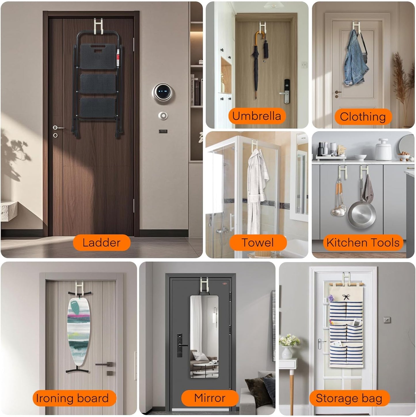 FYY Over The Door Hooks - 2 Pack Heavy Duty Dual-Hook Organizer Hanger with Non-Slip Rubber for Towels, Clothes, Hats & Bags Use in Bathroom, Bedroom, Kitchen - Fits Interior Doors Up to 1 3/8" Beige