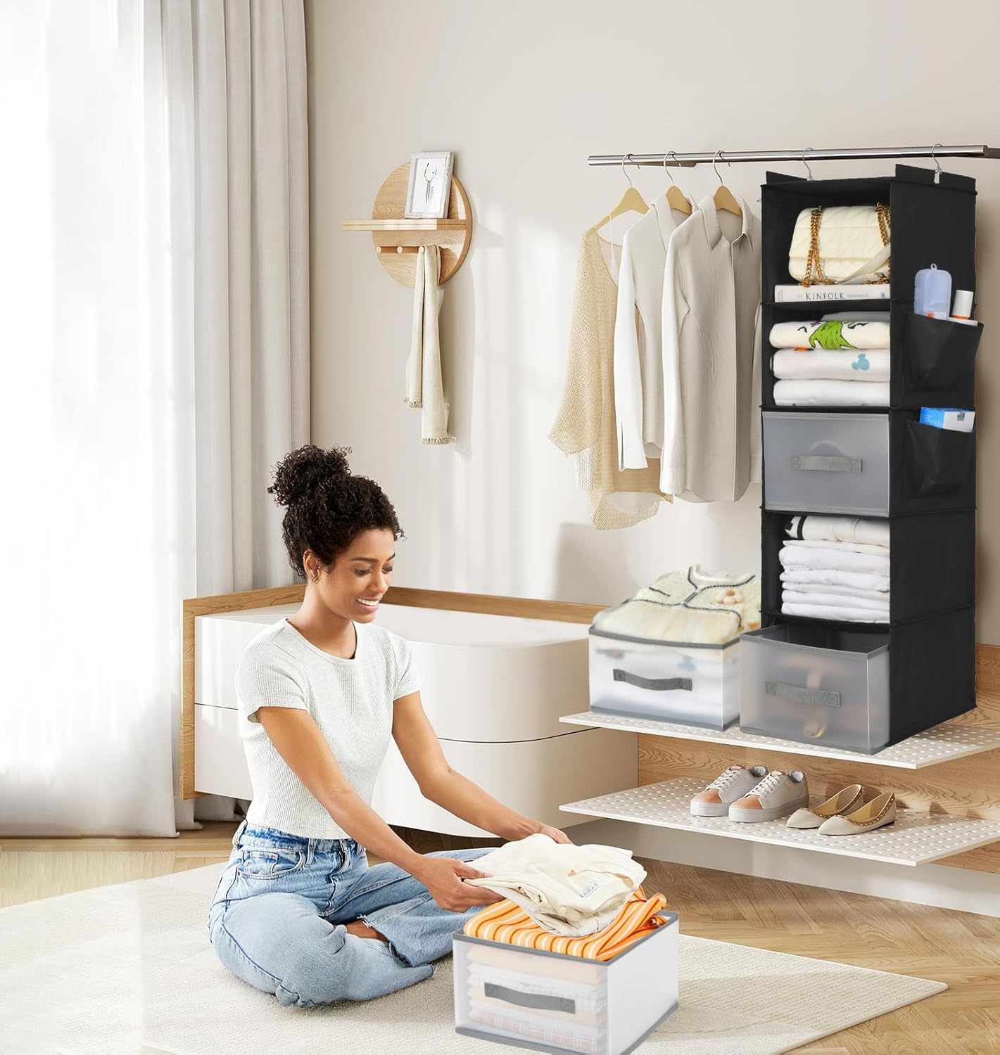 5-Layer Suspended Fabric Shelf Organizer, Equipped with 2 Sturdy Hooks, 2 Separate Drawers, and Foldable Hanging Storage (Black)