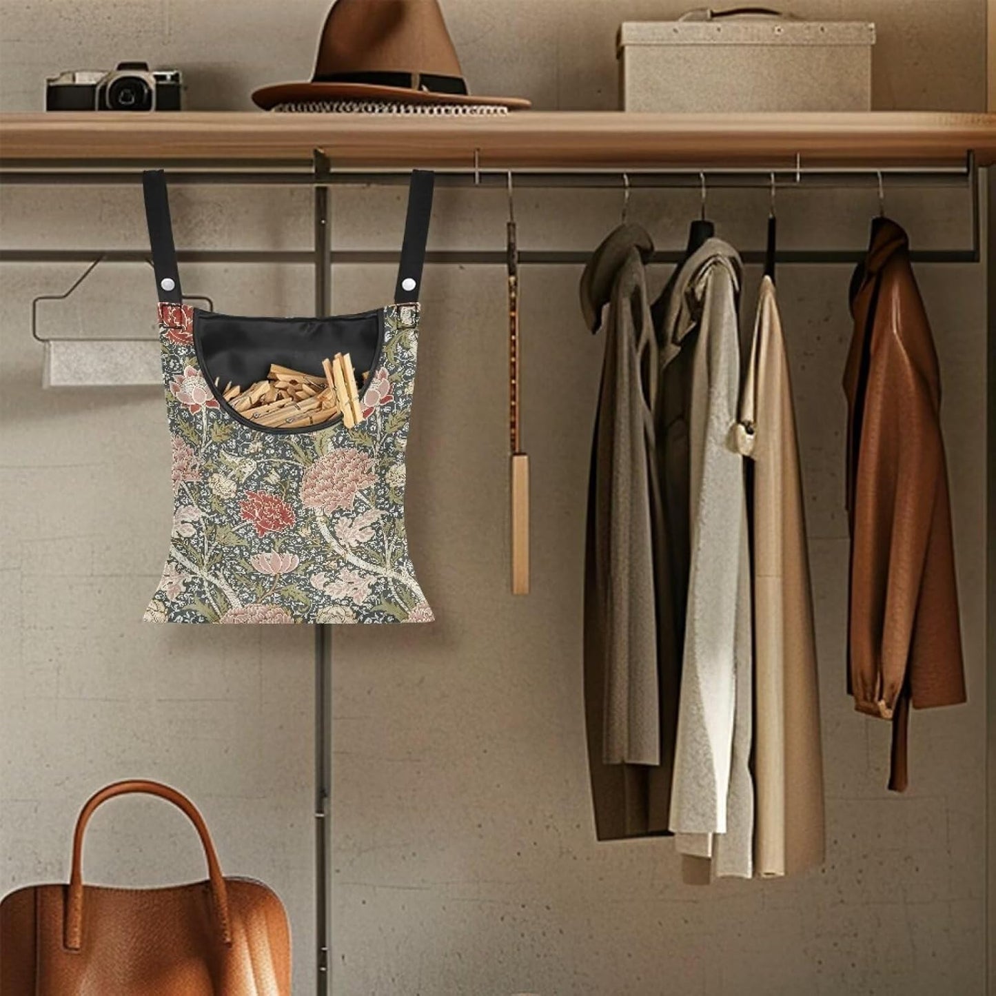 Home Clothespin Organizer 14.5"x12" - Spacious Interior with Wide Mouth Opening - Durable Hanging Storage Solution for Busy Households & Laundry Facilities Hydrangea Tree Branch Print