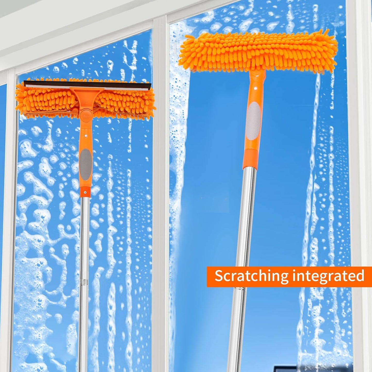 Professional 72'' Window Squeegee Cleaning Washing Tool/Kit with Extension Pole, 3 in 1 Squeegee for Window Cleaning Kit for High Window with 1 Rotatable Head 4 Interchangeable Scrubber