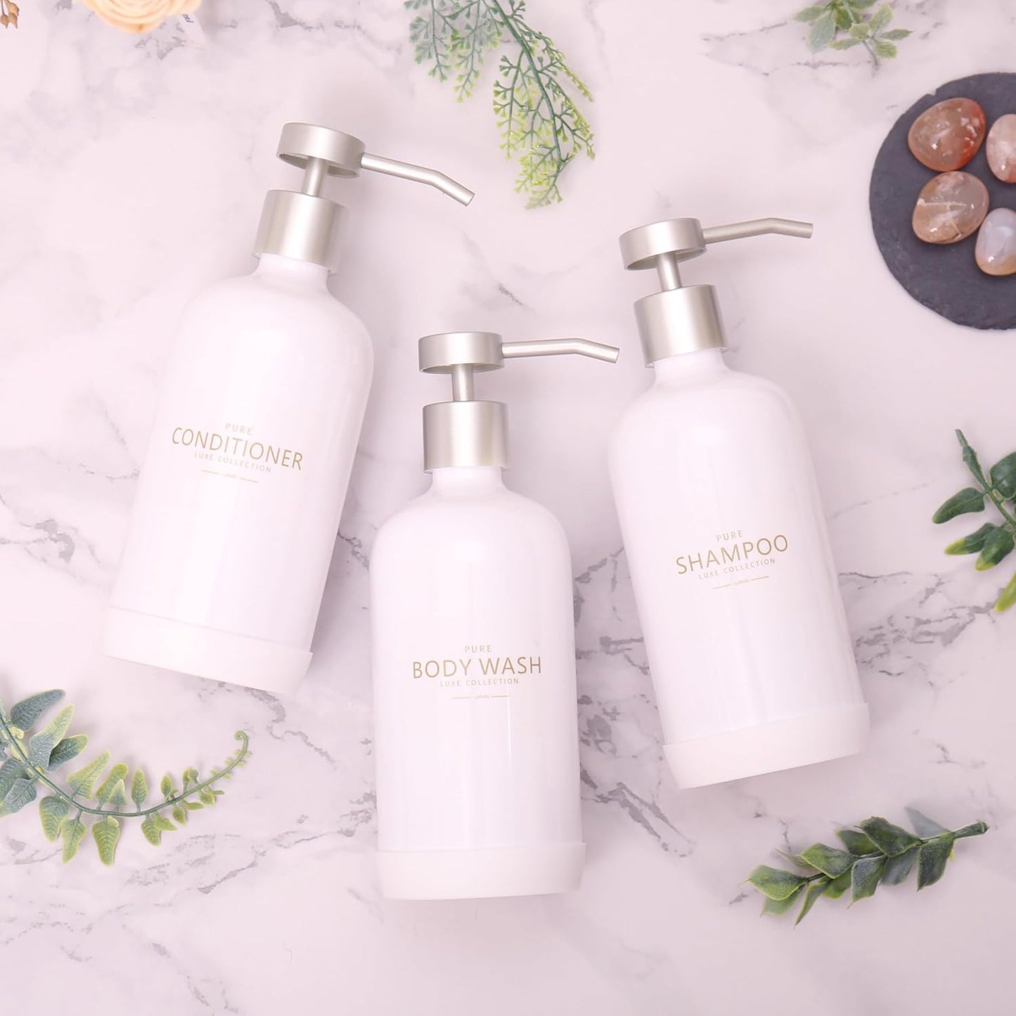 Shampoo and Conditioner Dispenser Set of 3,Refillable 21oz Shampoo Bottles with Non-Slip Protective Silicone Pad,Shower Soap Dispenser with Waterproof Labels for Bathroom (White)