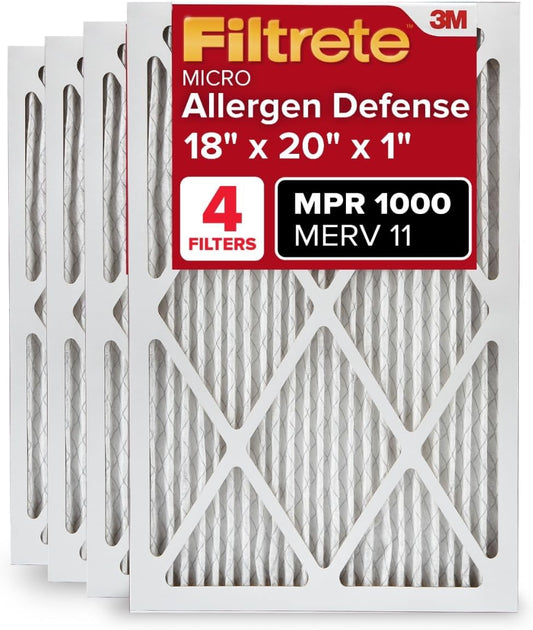 Filtrete 18x20x1 AC Furnace Air Filter, MERV 11, MPR 1000, Micro Allergen Defense, 3-Month Pleated 1-Inch Electrostatic Air Cleaning Filter, 4 Pack (Actual Size 17.81 x 19.81 x 0.81 in)