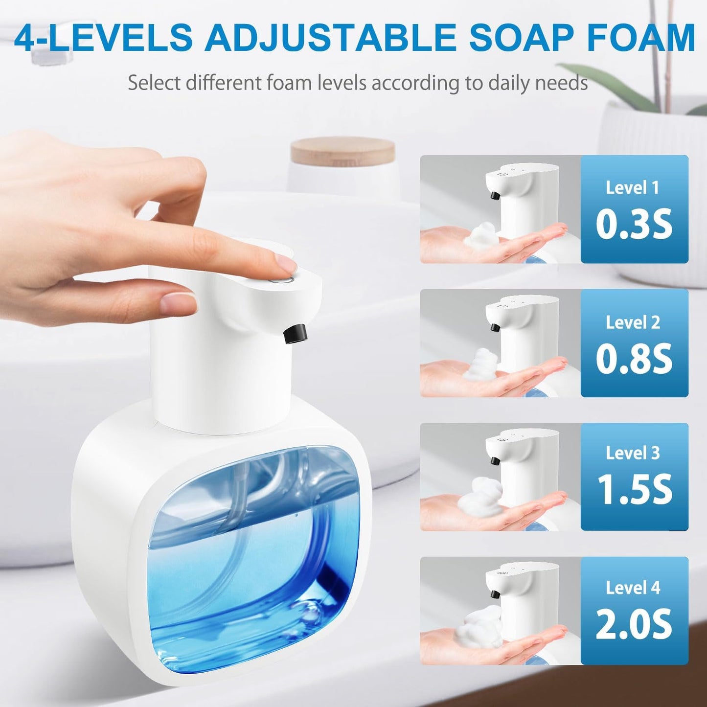 Automatic Foaming Soap Dispenser with 500ml/17oz Capacity, Touchless Soap Dispenser with 4 Level Adjustable, Rechargeable, Wall-Mounted, Waterproof for Kitchen, Bathroom, Hotel, Restaurant